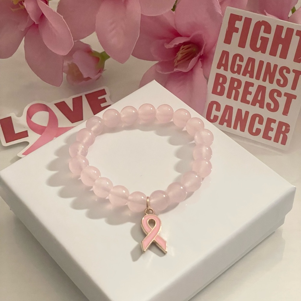 🌸 Breast Cancer Awareness Pink Crystal Beaded Bracelet with Ribbon charm